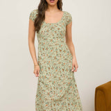 Abby Olive Floral Ruched A-Line Midi Dress