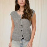 Black Marled Button Down Knit Sweater Vest Top
