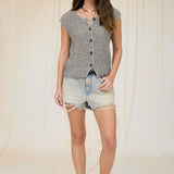 Black Marled Button Down Knit Sweater Vest Top