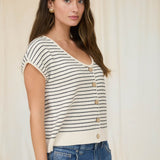 Zena Cream Stripe Short Sleeve Button Front Knit Cardigan