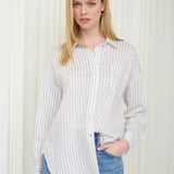 Mable Ivory Striped Collared Long Sleeve Button Down Shirt