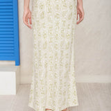 Floral Tile Pattern Linen Midi Skirt