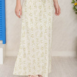 Floral Tile Pattern Linen Midi Skirt