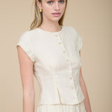 Adeline Lace Trim Button Down Short Sleeve Pintuck Blouse
