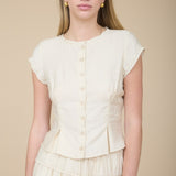 Adeline Lace Trim Button Down Short Sleeve Pintuck Blouse