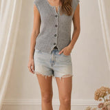 Tessa Black Marled Button Down Knit Sweater Vest Top