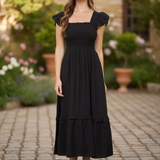 Celine Square Neck Smocked Midi Dress with Ruffle Straps